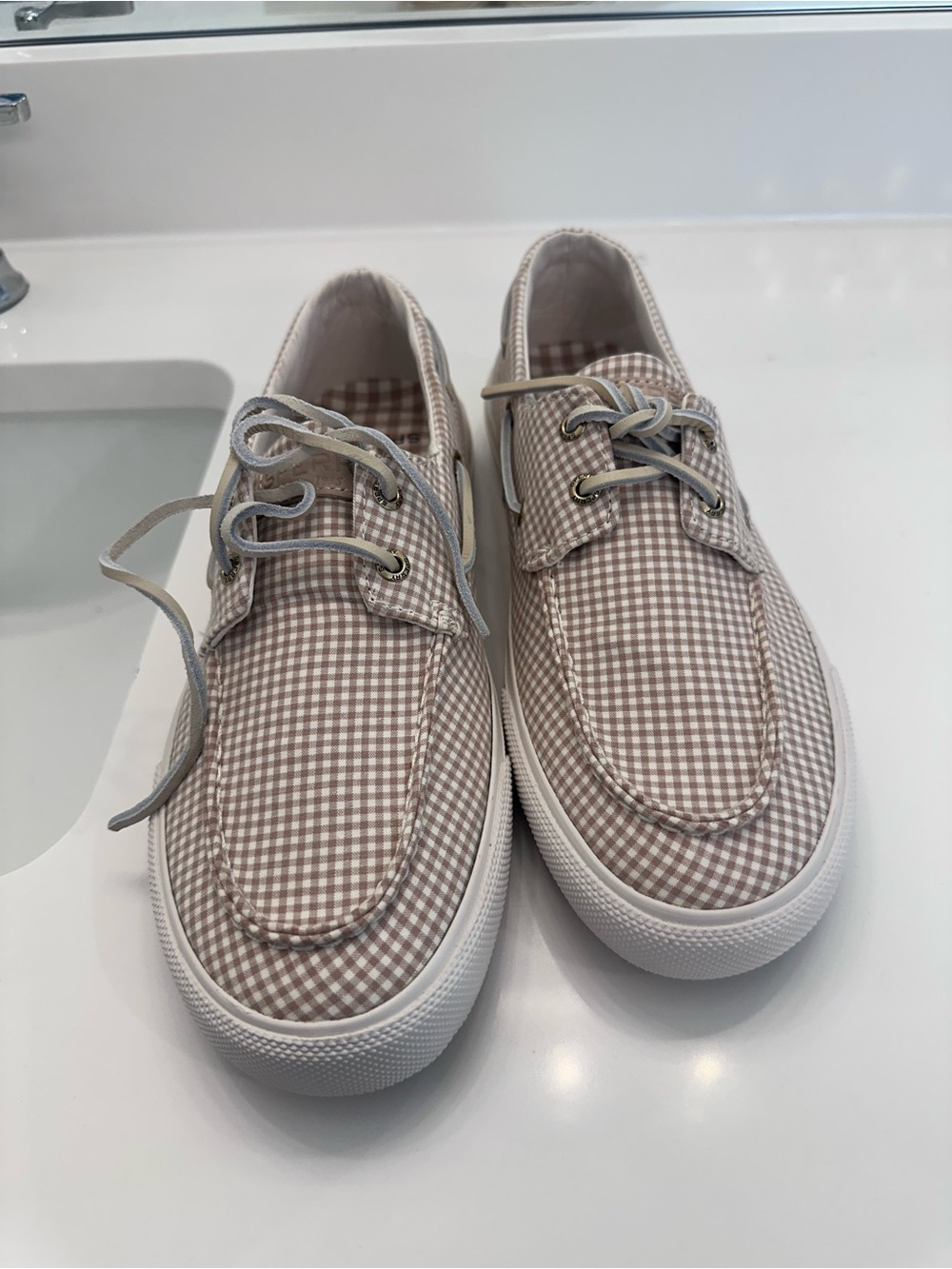 Sperry Tan Gingham Canvas Boat Shoes mens